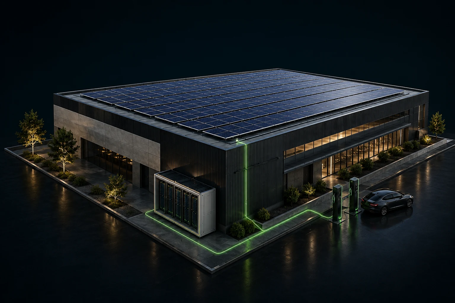 Vista illustrativa di un’impresa con pannelli fotovoltaici sul tetto, batterie di accumulo e colonnine per veicoli elettrici