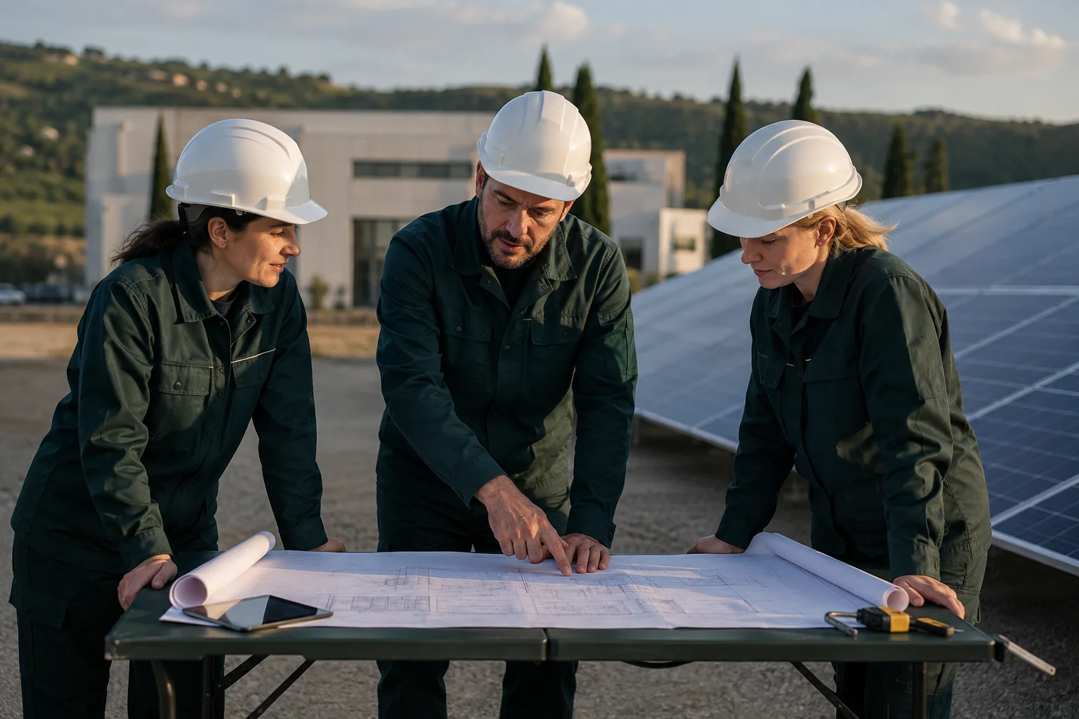Scena illustrativa generata con AI: un team al lavoro su un progetto fotovoltaico
