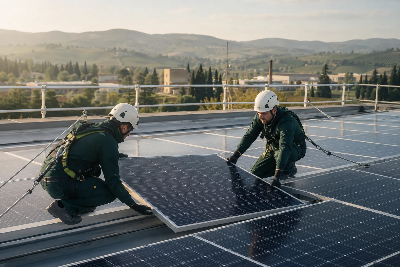 Scena illustrativa generata con AI: tecnici al lavoro su un impianto fotovoltaico industriale