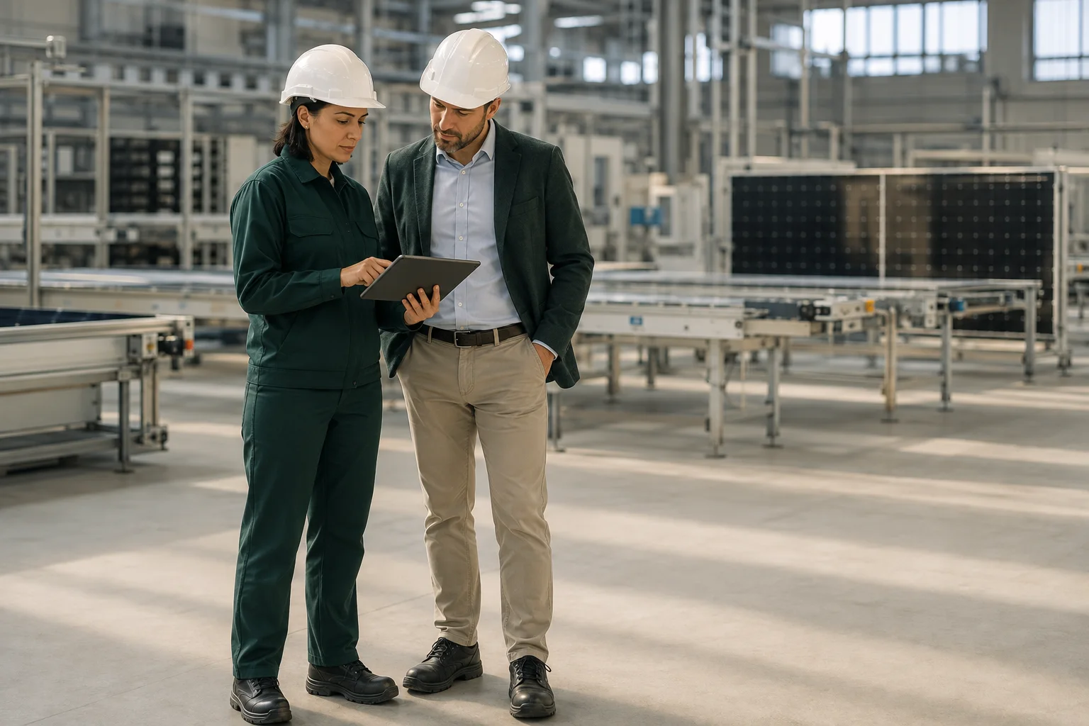 Scena illustrativa generata con AI: confronto sul progetto energetico in azienda