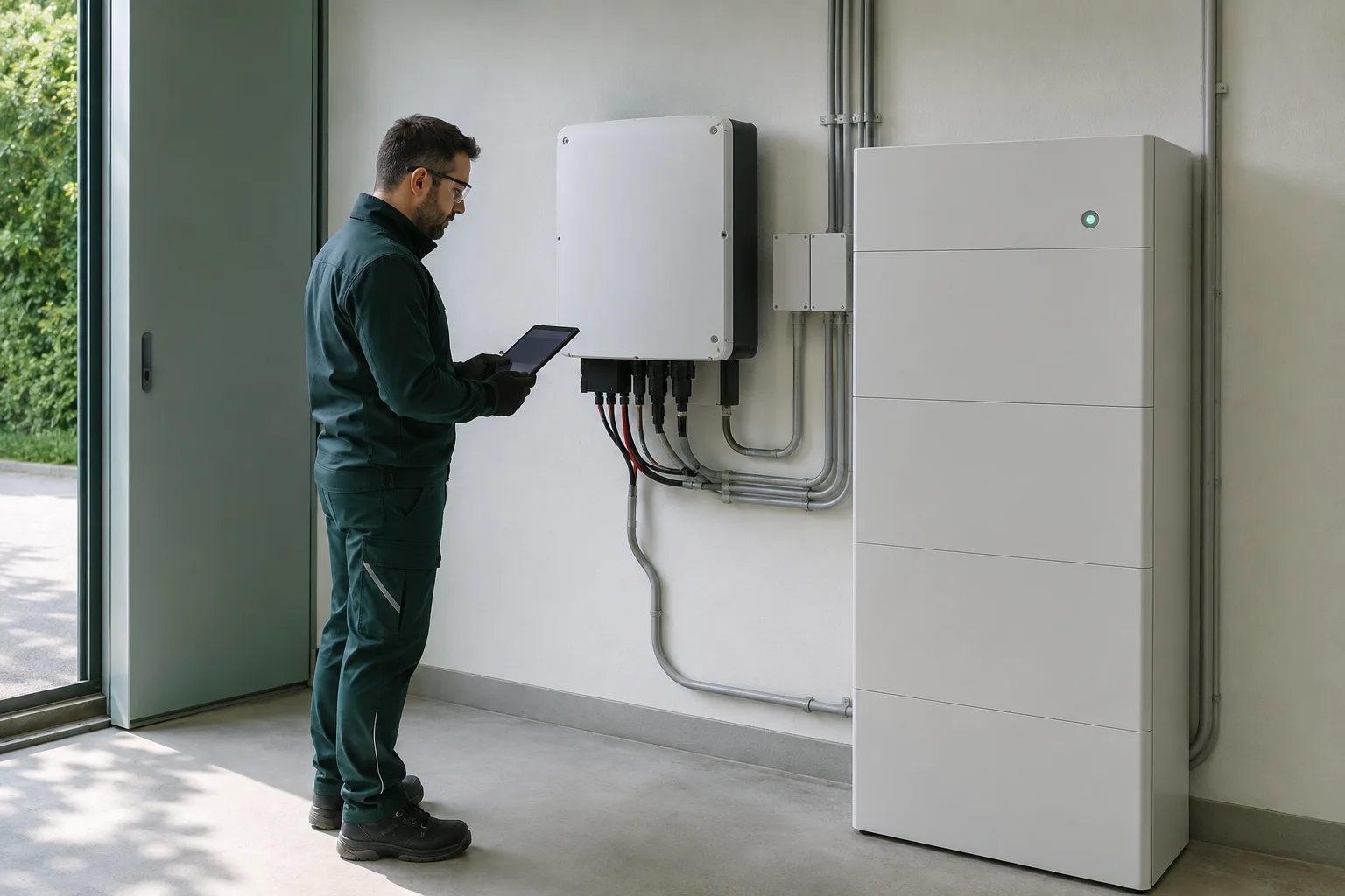 Scena illustrativa generata con AI: tecnico accanto a un sistema di accumulo